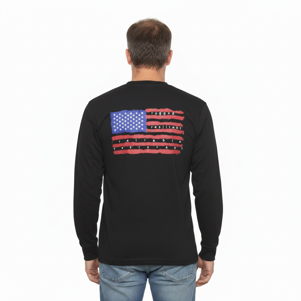 Men’s American Flag Heavyweight Long Sleeve T-Shirt – 100% Cotton Loose Fit Black Workwear Crew Neck Tee