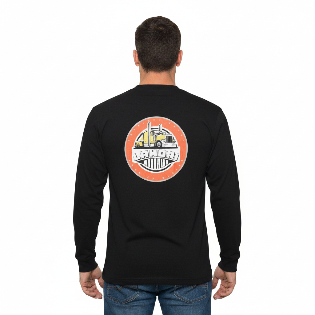 Men’s Truck Print Heavyweight Long Sleeve T-Shirt – 100% Cotton Loose Fit Workwear Crew Neck Graphic Tee