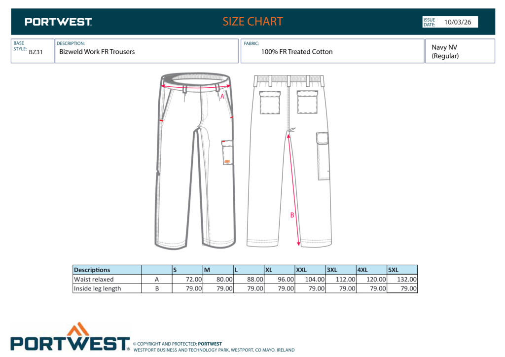 Portwest BZ31 size chart