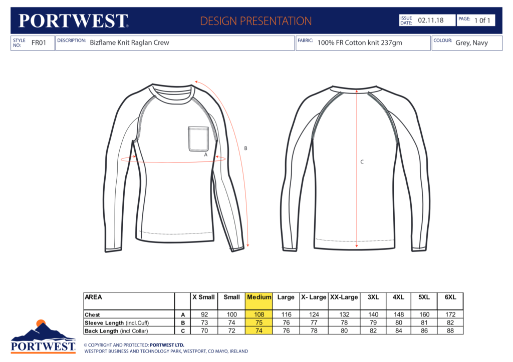 Portwest FR01 size chart