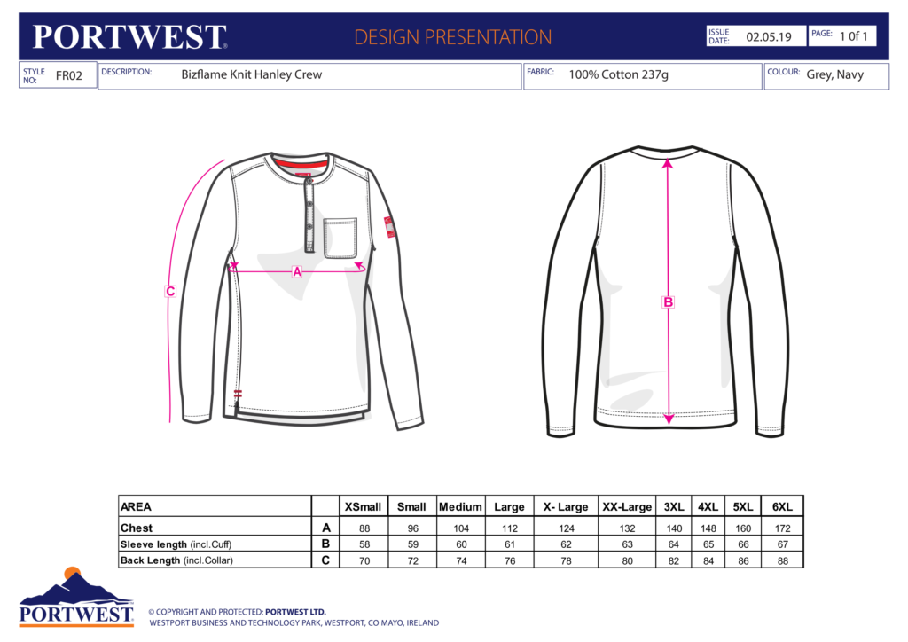 Portwest FR02 size chart