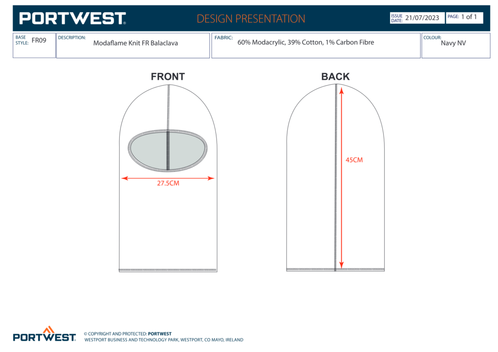 Portwest FR09 size chart