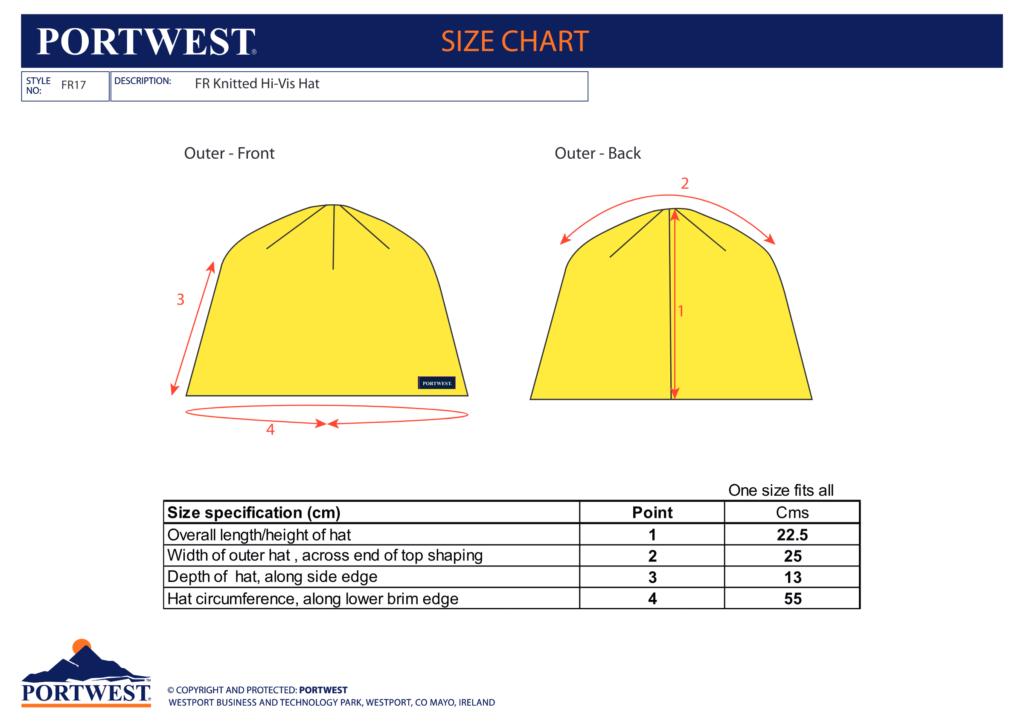 Portwest FR17 size chart