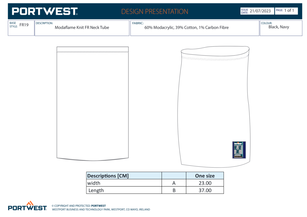 Portwest FR19 size chart