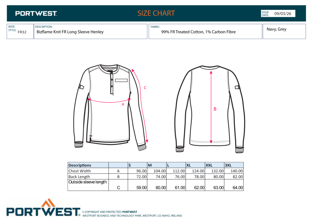 Portwest FR32 size chart