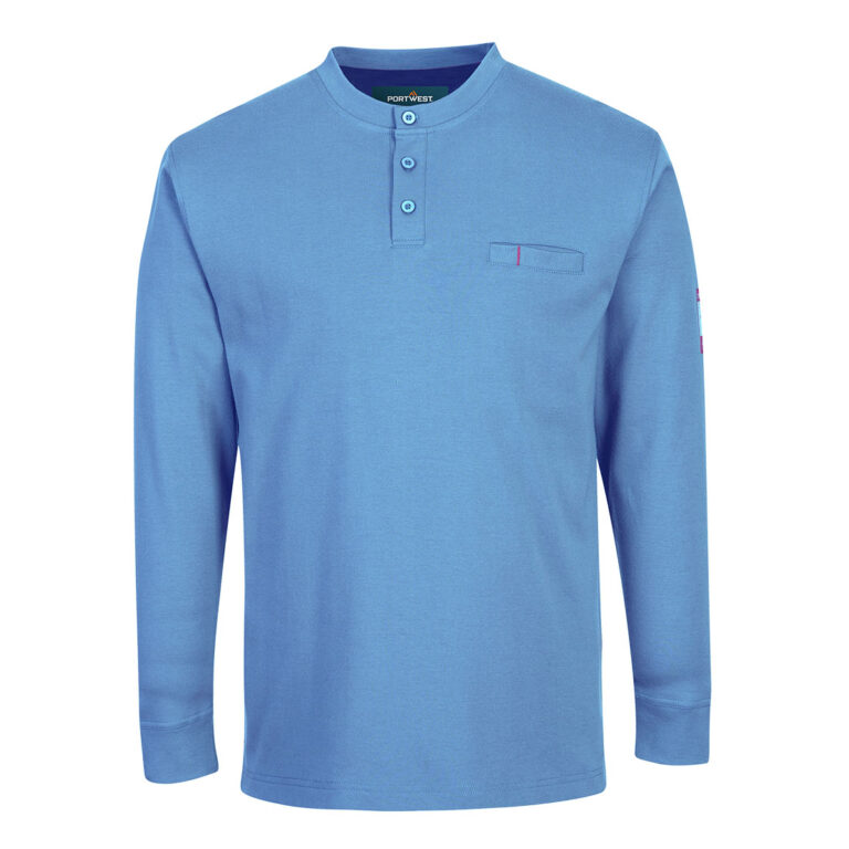 Portwest FR32 Flame Resistant Long Sleeve Henley in Lake Blue, front view