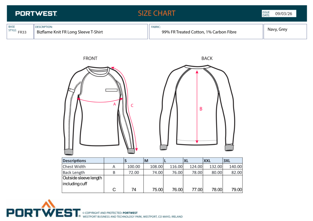 Portwest FR33 size chart