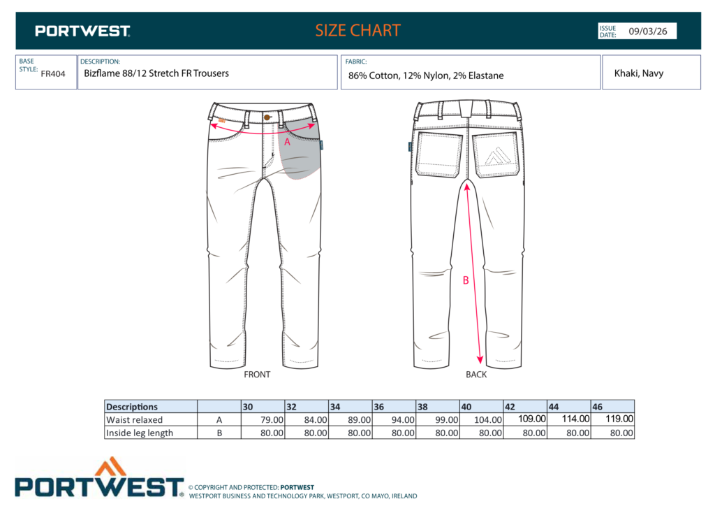 Portwest FR404 size chart