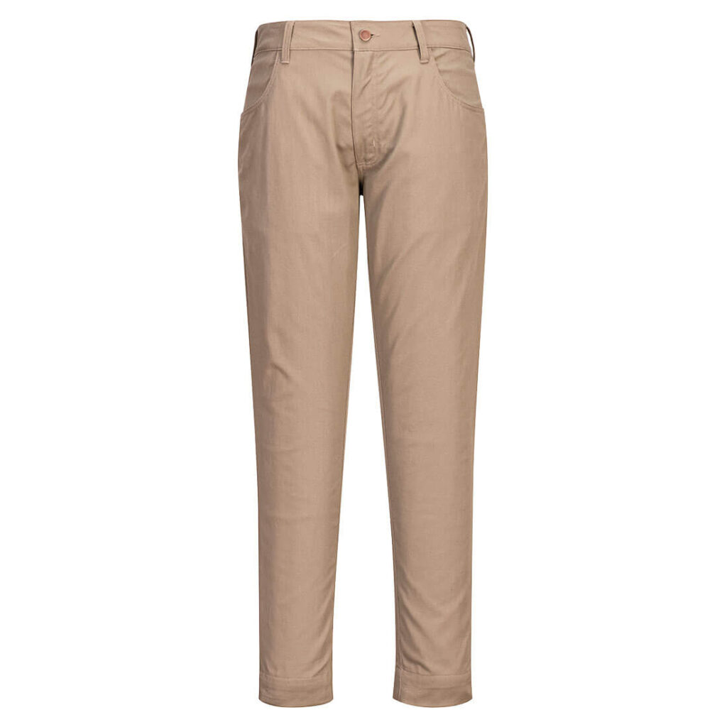 Portwest FR404 Slim Fit Flex Flame Resistant Work Pants in Khaki, front view