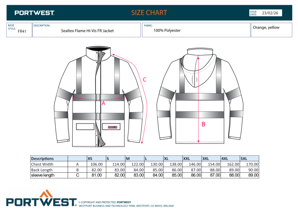 Portwest FR41 size chart
