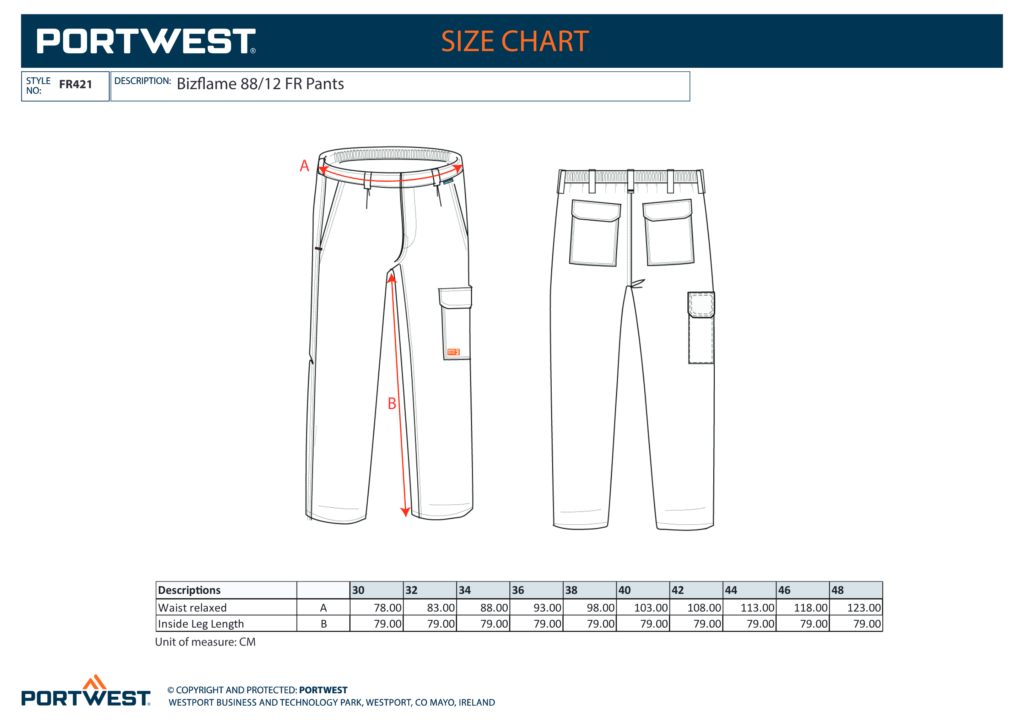 Portwest FR421 size chart