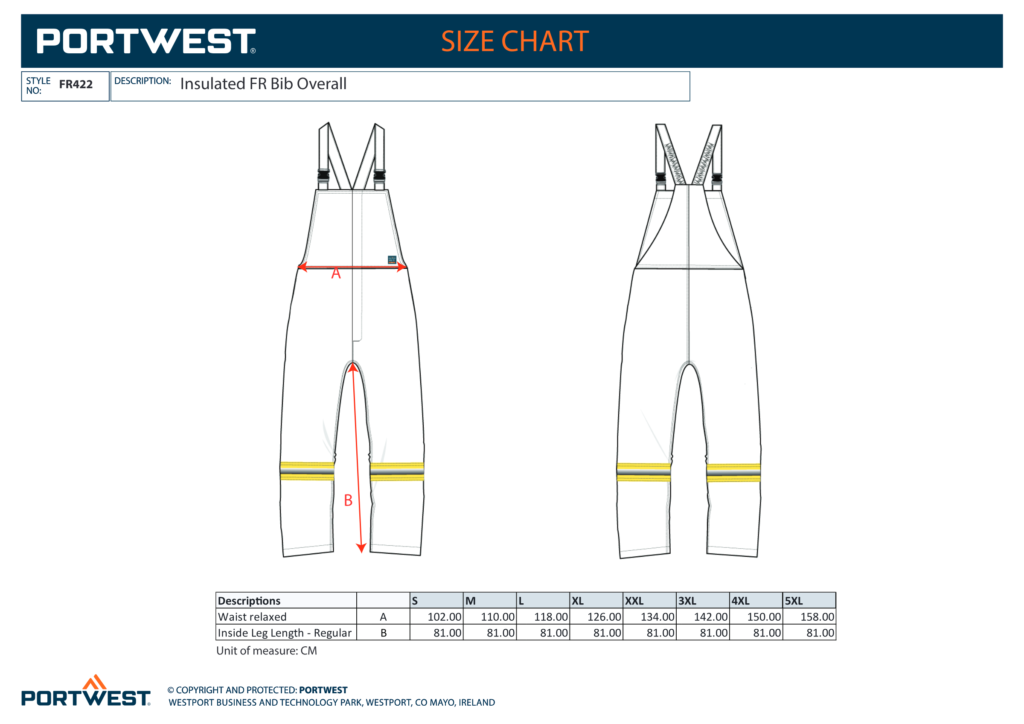 Portwest FR422 size chart