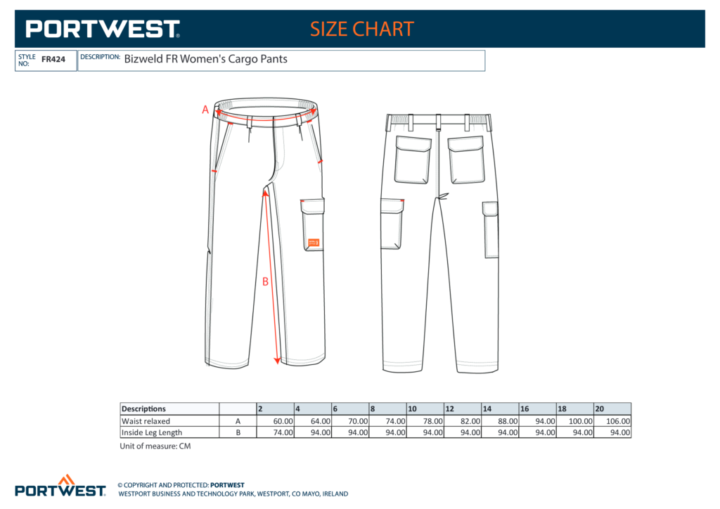 Portwest FR424 size chart