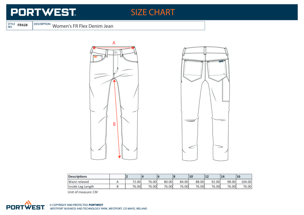 Portwest FR428 size chart