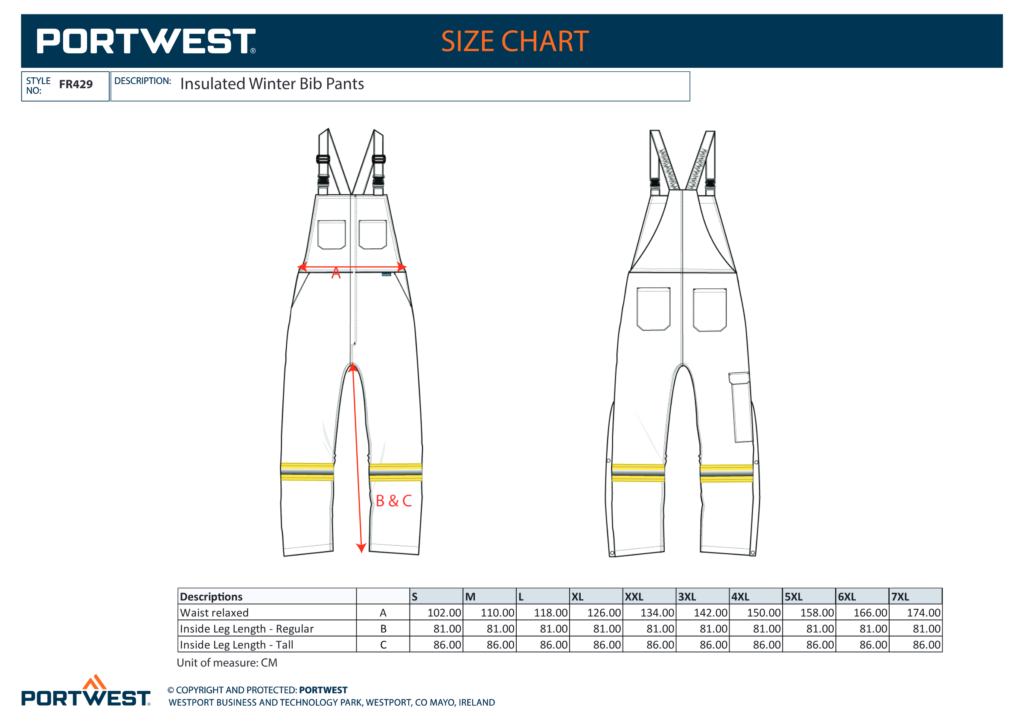 Portwest FR429 size chart