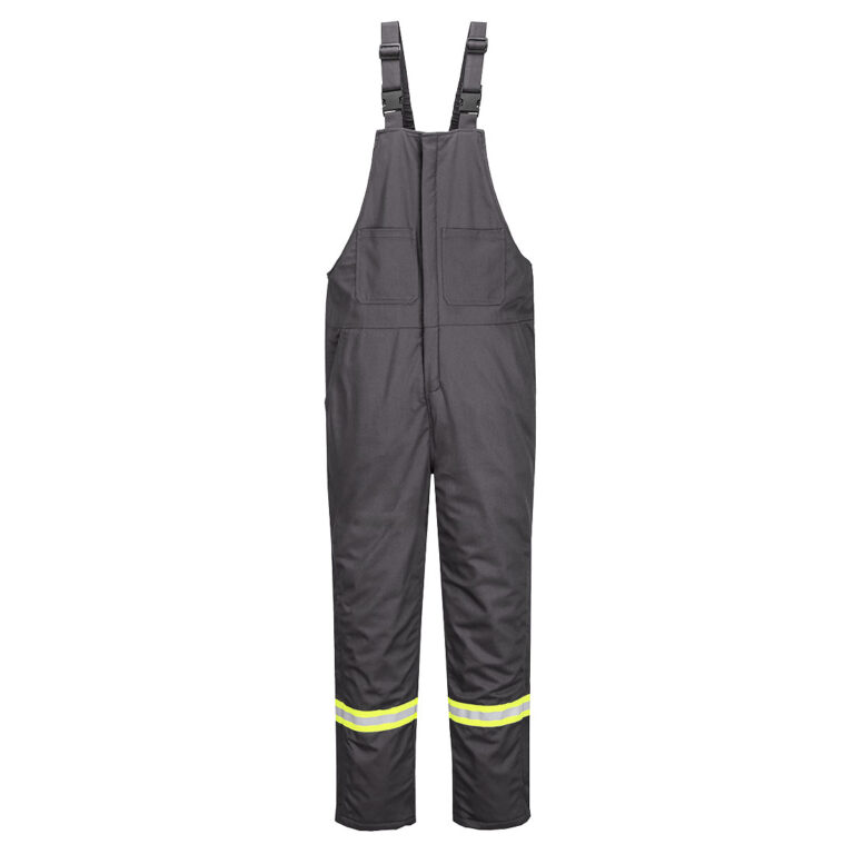 Portwest FR429 Insulated Flame Resistant Winter Bib Pants in Grey, Tall fit, front view
