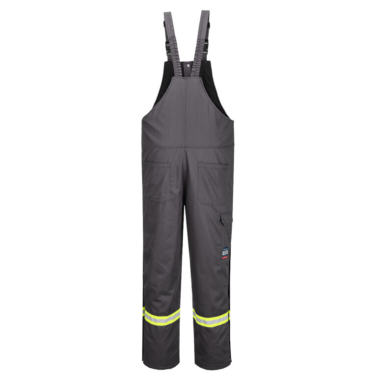 Portwest FR429 Insulated Flame Resistant Winter Bib Pants in Grey, Tall fit, back view