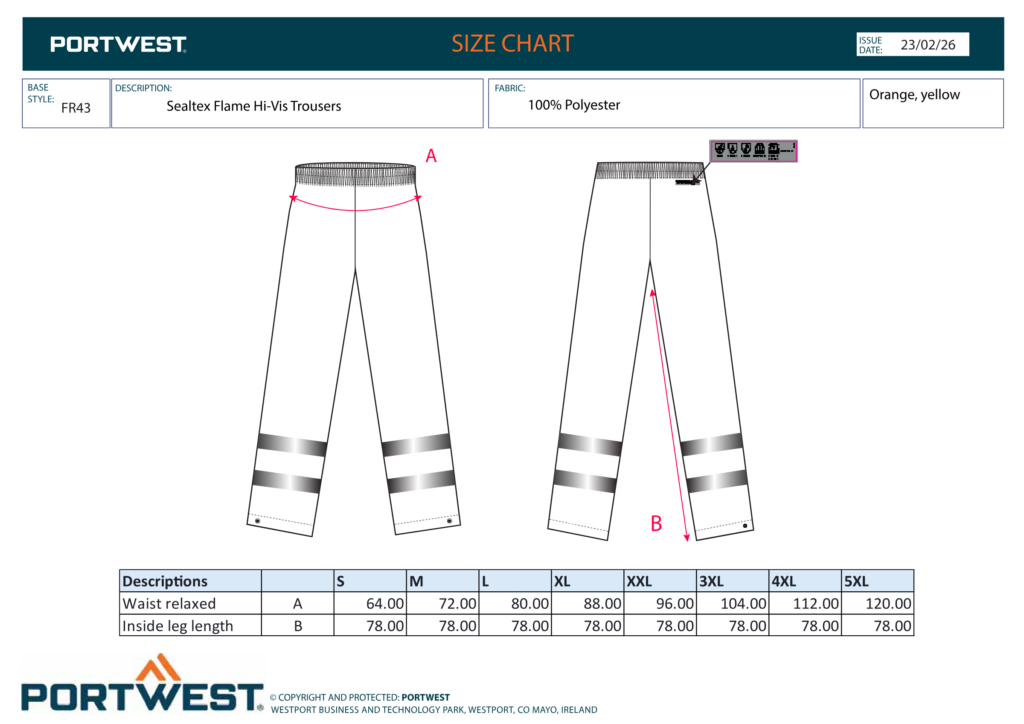 Portwest FR43 size chart