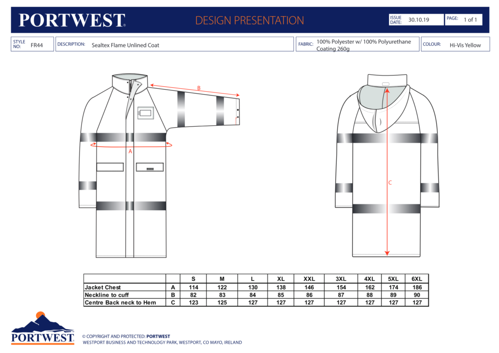 Portwest FR44 size chart