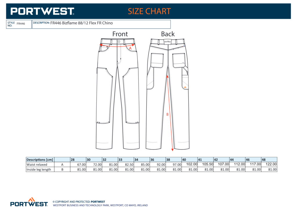 Portwest FR446 size chart