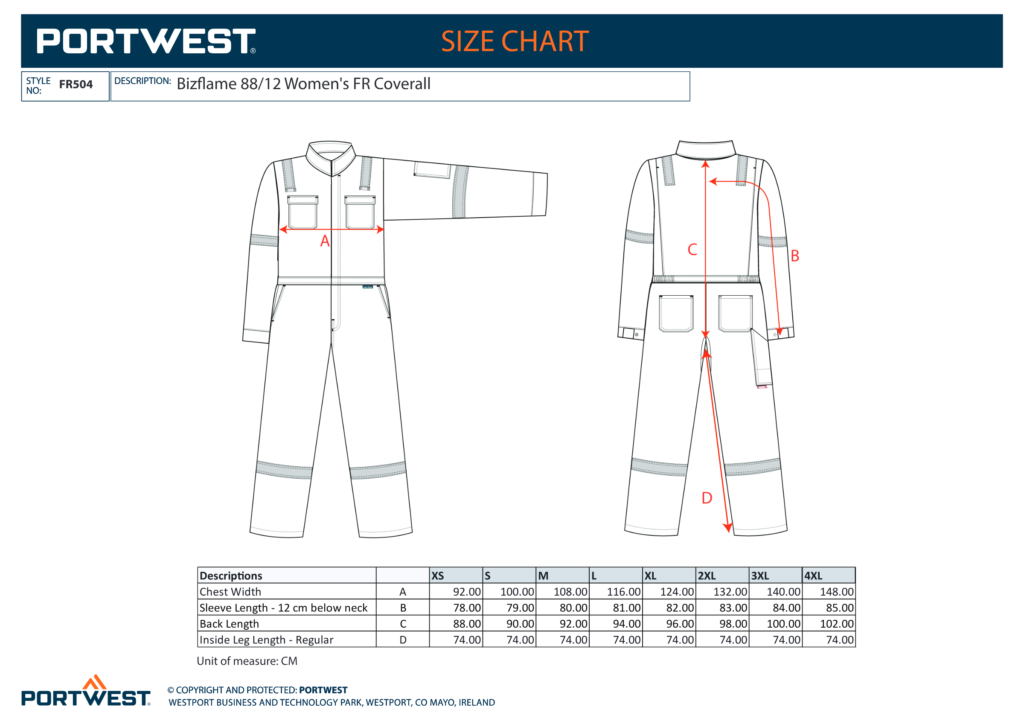Portwest FR504 size chart