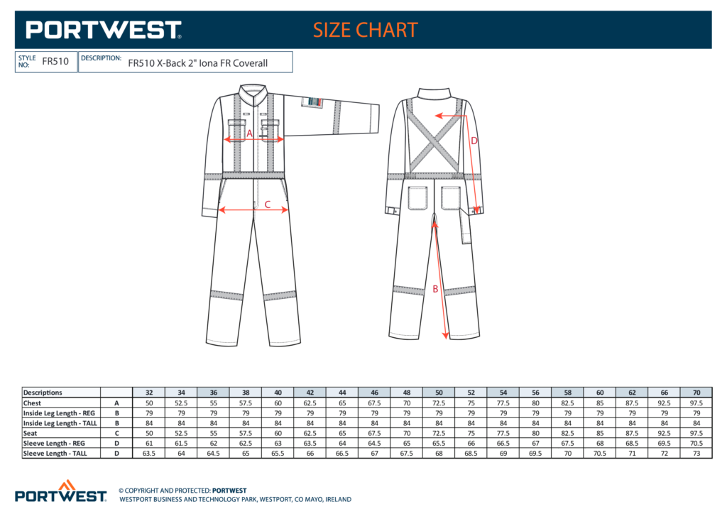 Portwest FR510 size chart