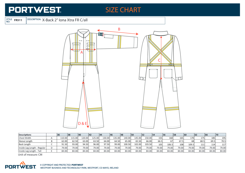 Portwest FR511 size chart