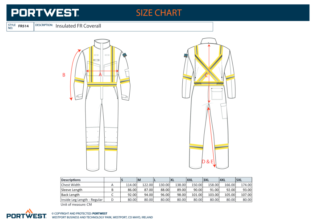 Portwest FR514 size chart