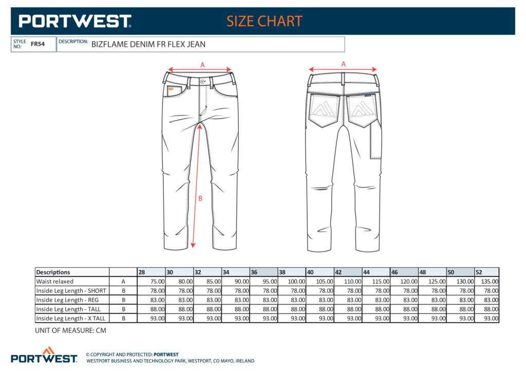 Portwest FR54 size chart