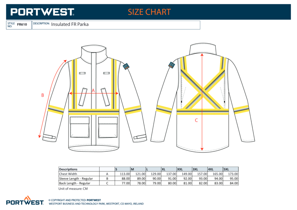 Portwest FR610 size chart