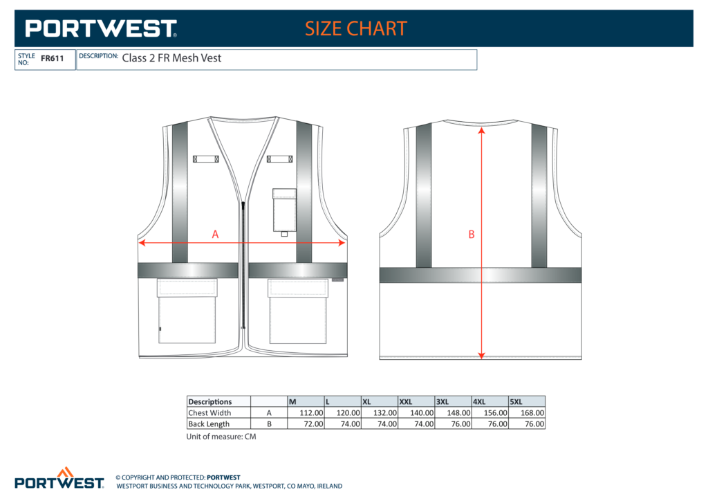 Portwest FR611 size chart