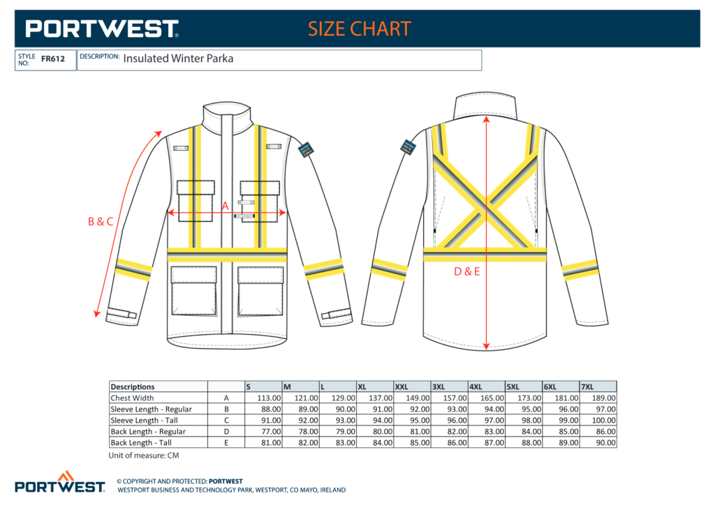 Portwest FR612 size chart