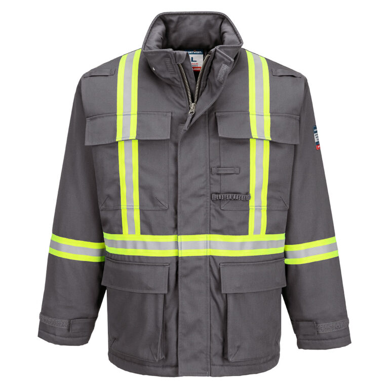 Portwest FR612 X-Back Insulated Flame Resistant Winter Parka in Grey, Tall fit, front view