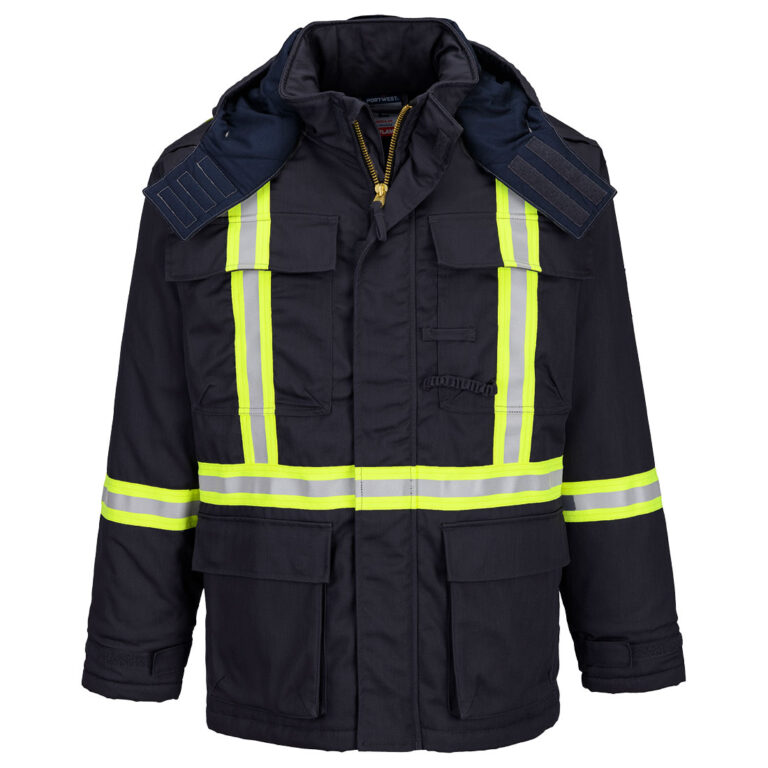 Portwest FR612 X-Back Insulated Flame Resistant Winter Parka in Navy, Tall fit, front view