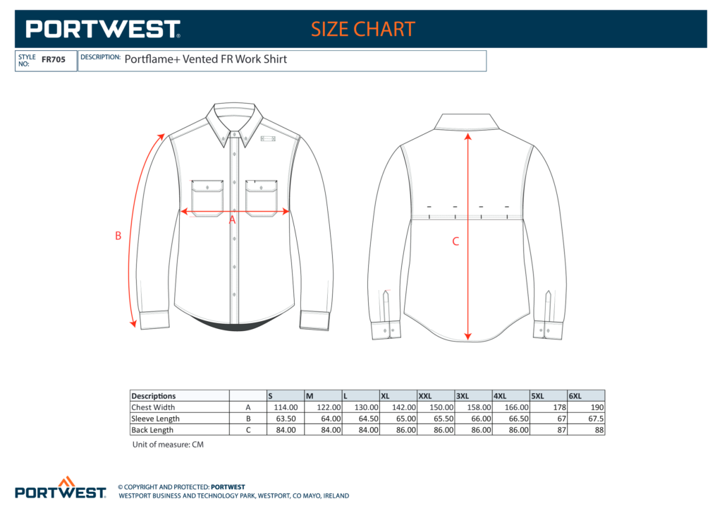 Portwest FR705 size chart