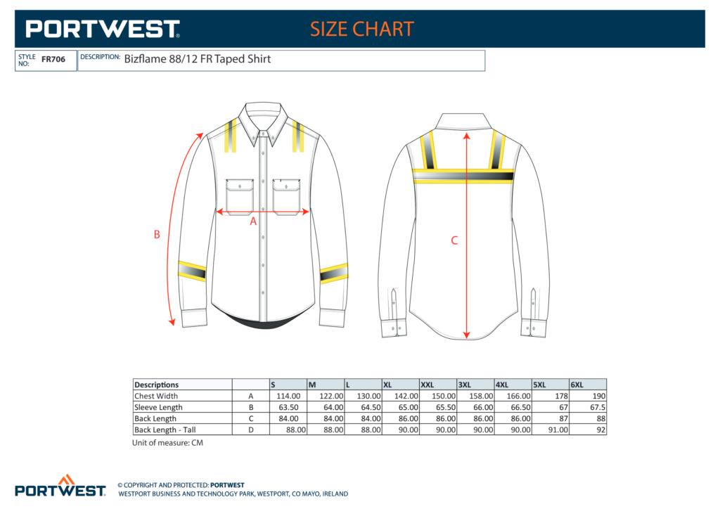Portwest FR706 size chart