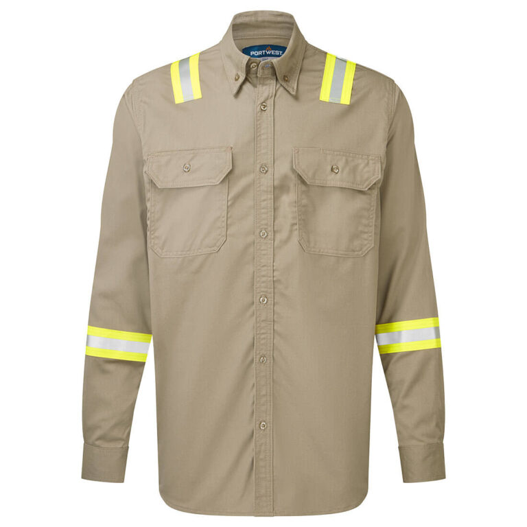 Portwest FR706 Flame Resistant Taped Shirt in Khaki, front view