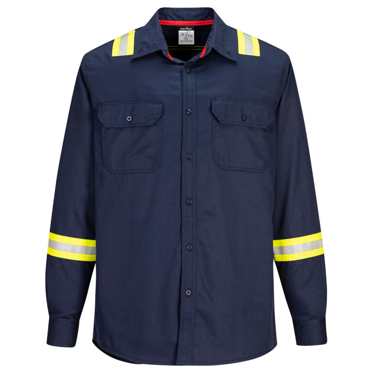 Portwest FR706 Flame Resistant Taped Shirt in Navy, Tall fit, front view