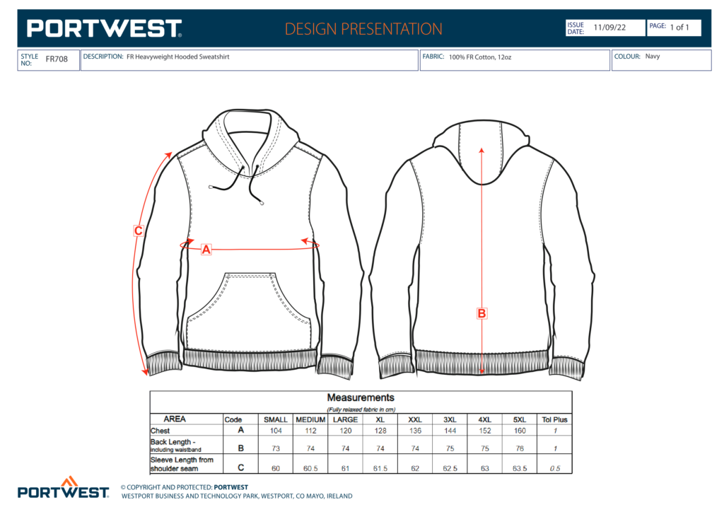 Portwest FR708 size chart