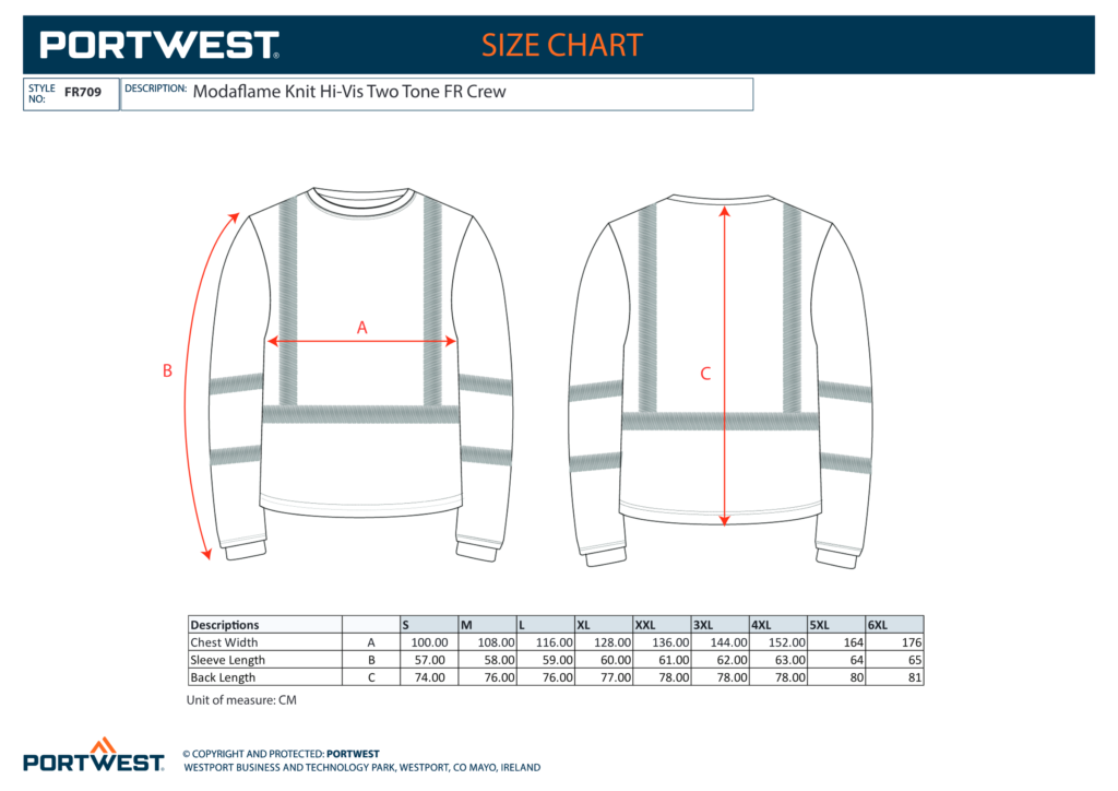 Portwest FR709 size chart