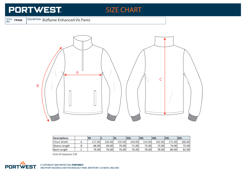 Portwest FR726 size chart