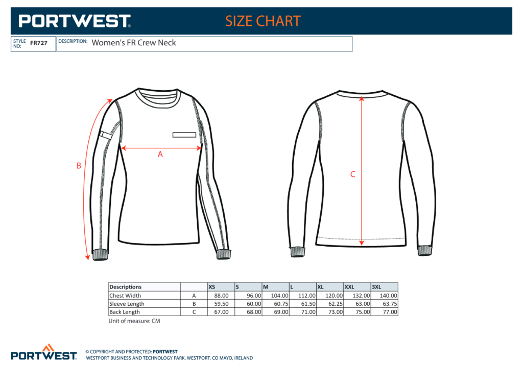 Portwest FR727 size chart