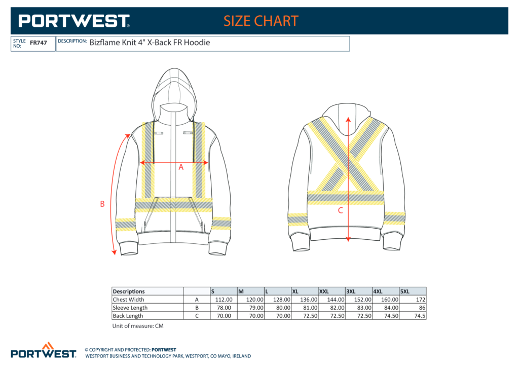 Portwest FR747 size chart