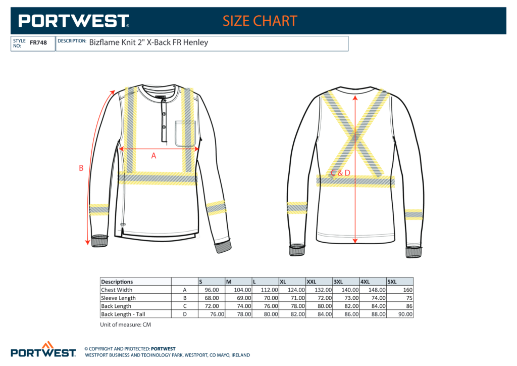 Portwest FR748 size chart