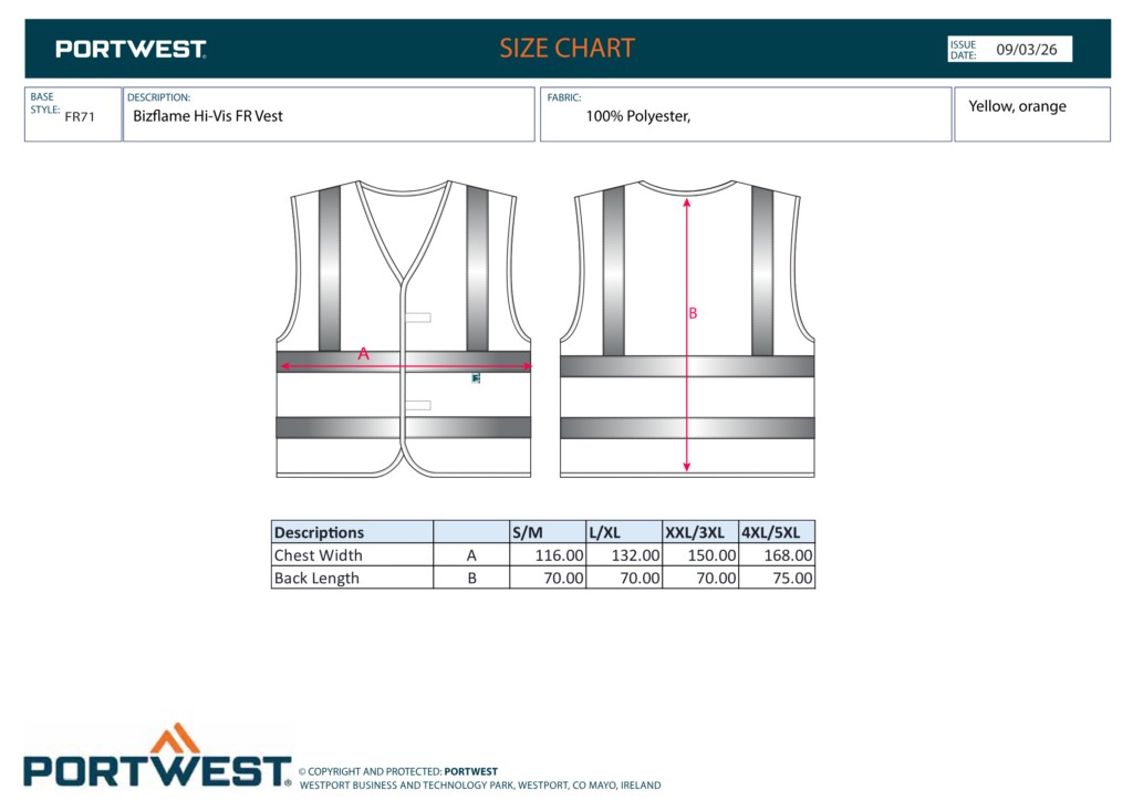Portwest FR75 size chart