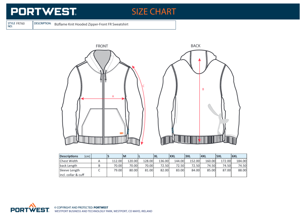 Portwest FR760 size chart