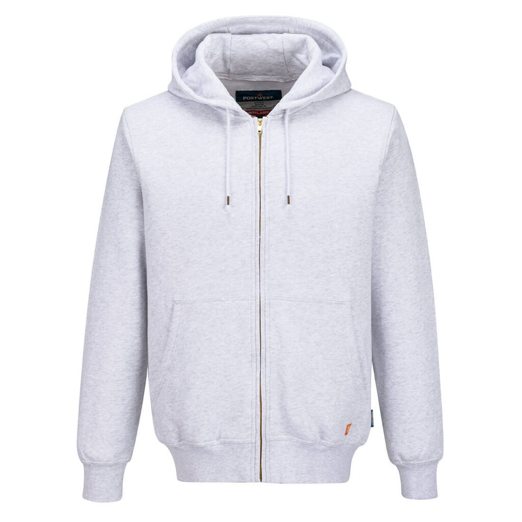 Portwest FR760 Hooded Zipper-Front Flame Resistant Sweatshirt in Grey Marl, front view