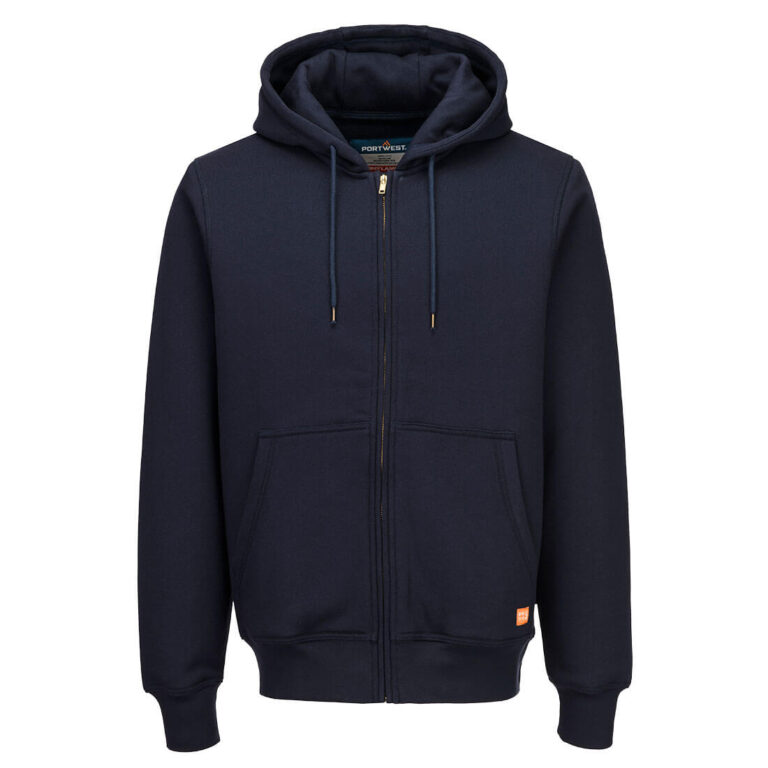Portwest FR760 Hooded Zipper-Front Flame Resistant Sweatshirt in Navy, front view