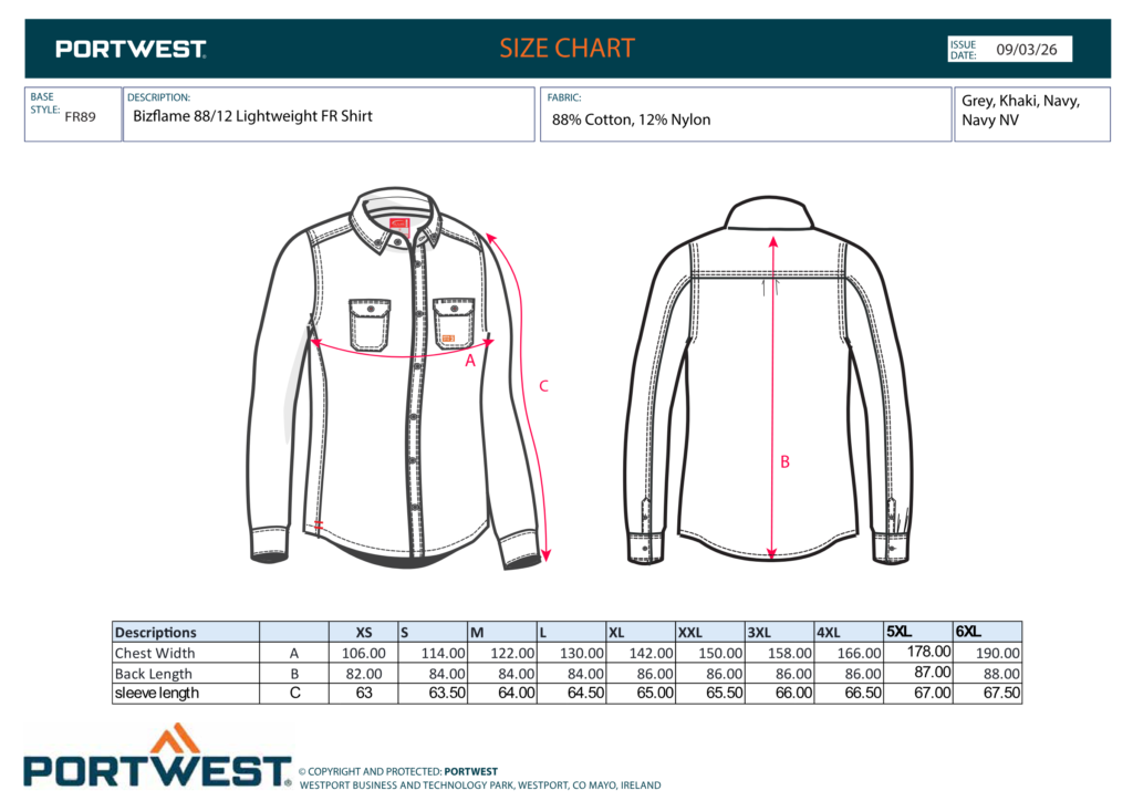 Portwest FR89 size chart