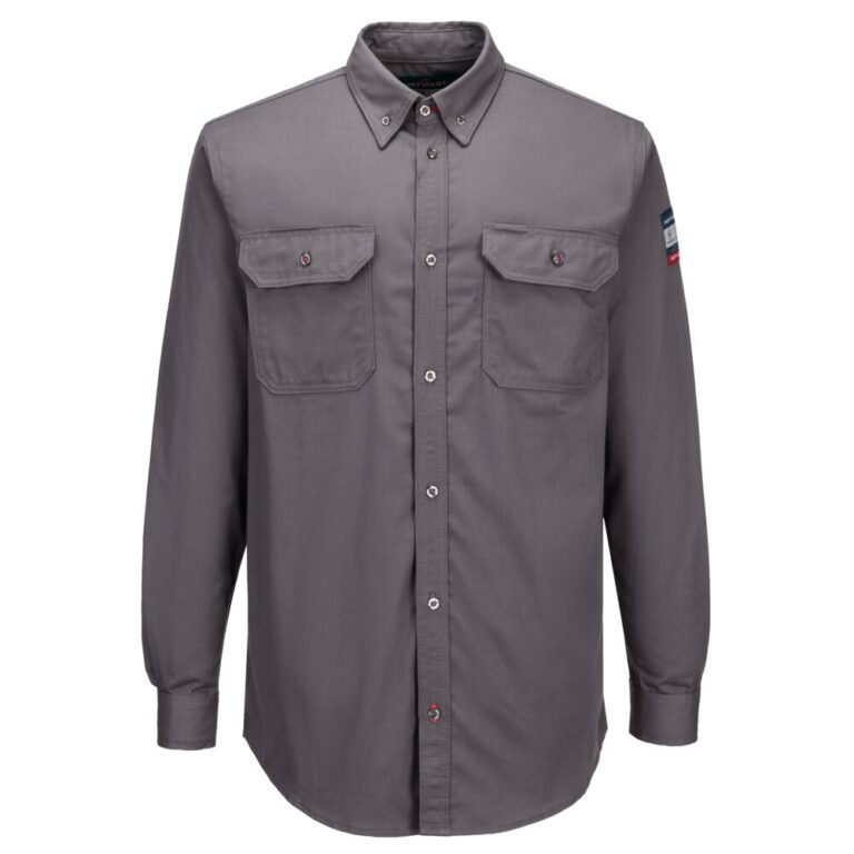 Portwest FR89 Flame Resistant Shirt in Grey, Tall fit, front view